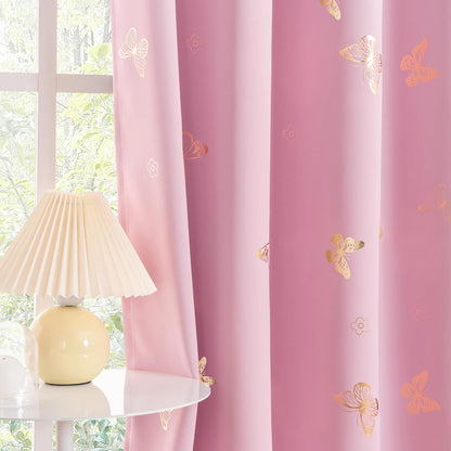 Jubilantex Rose Pink Metallic Gold Butterfly Blackout Curtains 54" Long for Small Window Girls Bedroom Nursery Window Curtains,Grommet Top 2 Panels