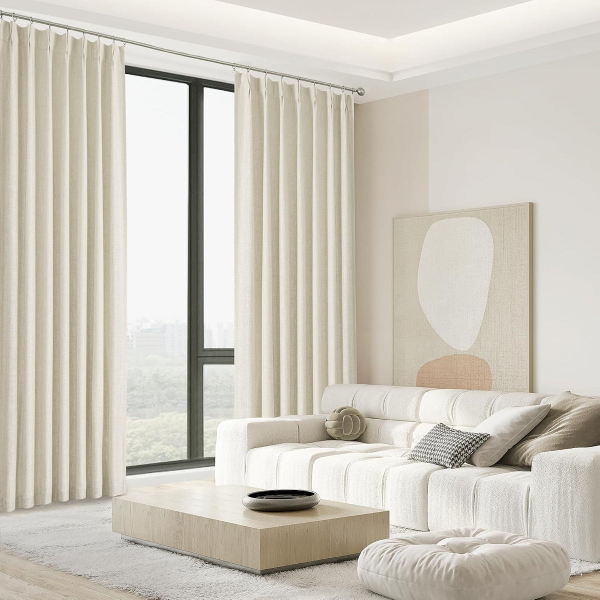 Central Park Sand Pinch Pleat Blackout Curtain Panel with Hooks, 40"x102"x2 | with Full Blackout Liner, Linen Textured, Energy Efficient, Noise Reducing, Window Treatment Drape, Living Room Bedroom