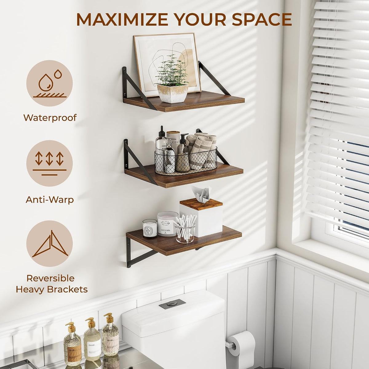 Heimlove 16W x 12D Deep Floating Shelves Set of 3 Walnut