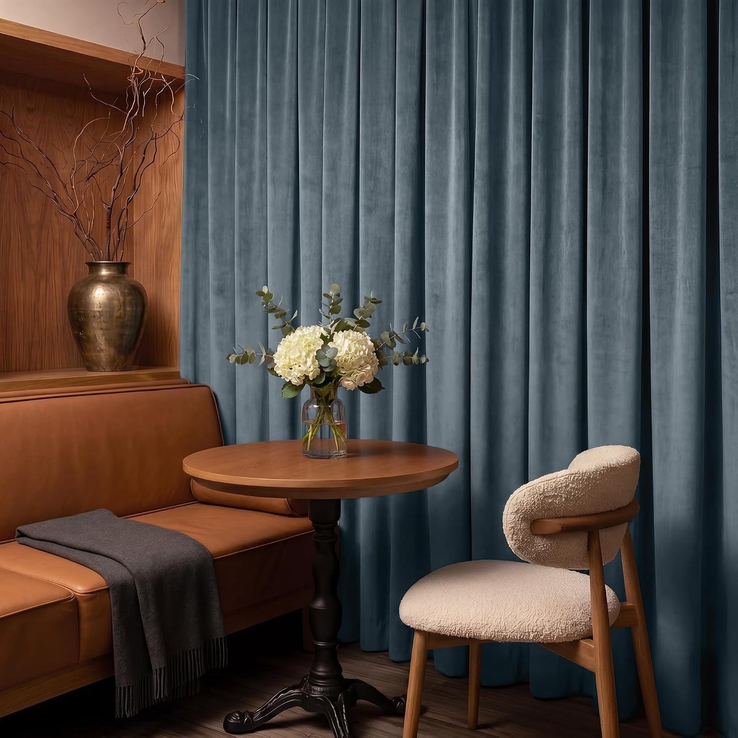 RYB HOME Dusty Blue Velvet Blackout Curtains 84 inches Long for Bedroom | Thermal Insulated, Room Darkening, Light UV Privacy Block, With Hook Belt, Back Tab, Living Dining Room, W52 x L84, 2 Panels