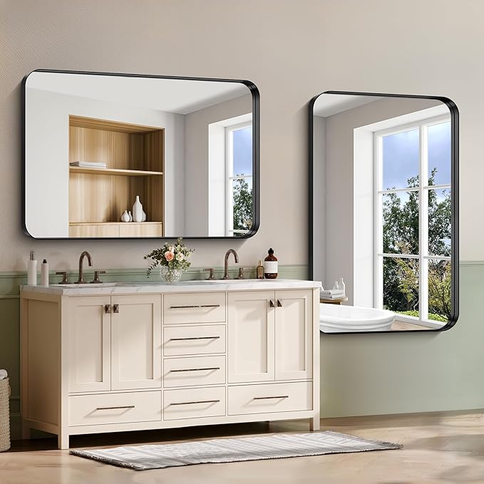 CIRCUMI Black Bathroom Mirror, Rounded Corner, Tempered Glass, Large Mirror - Image 5