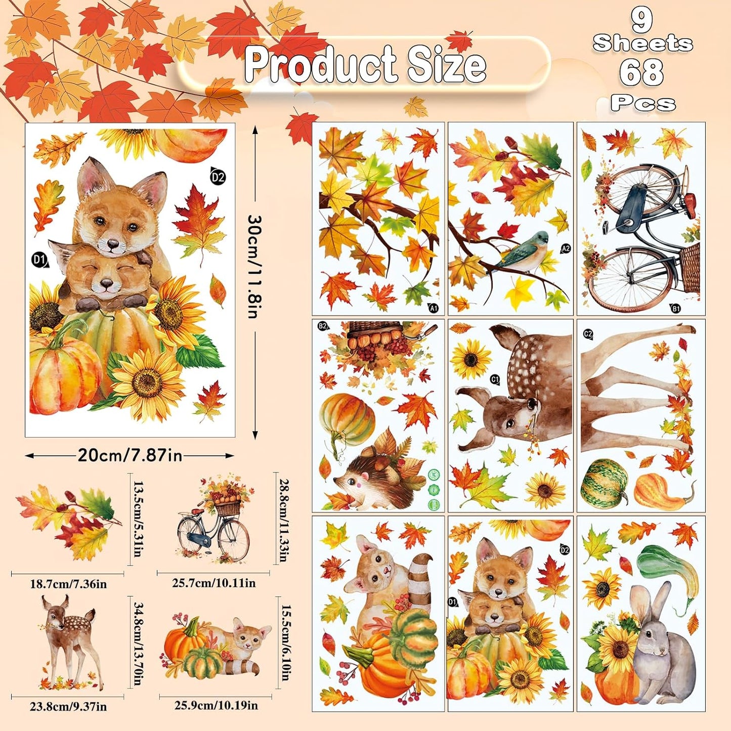 Fall Woodland Animals Window Clings, 9 Sheets 68 Pcs | Autumn Window Stickers Squirrel Fox Rabbit Decals for Fall Harvest Home Party Window Decorations