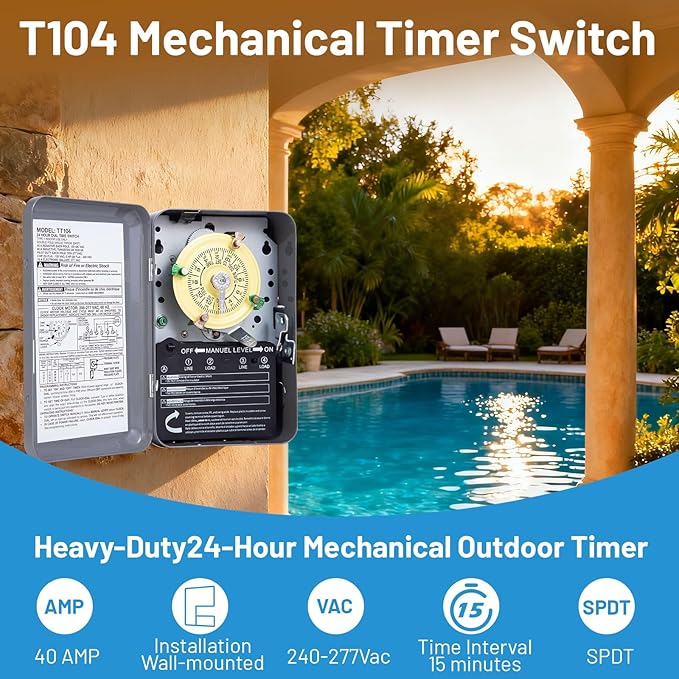 T104 Mechanical Time Switch, 208-277V AC 40A DPST, 24-Hour Dial - Image 2