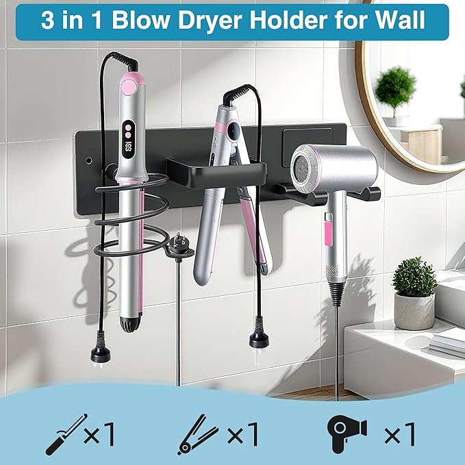Dovyn Blow Dryer Holder Wall Mount, 3 in 1 Bathroom Hair Tool Organizer - Image 4