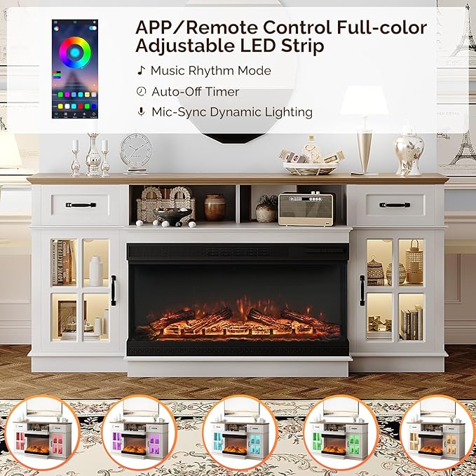Bonnlo Fireplace TV Stand for 80 Inch TVs, LED Lighting, Media Console for - Image 3