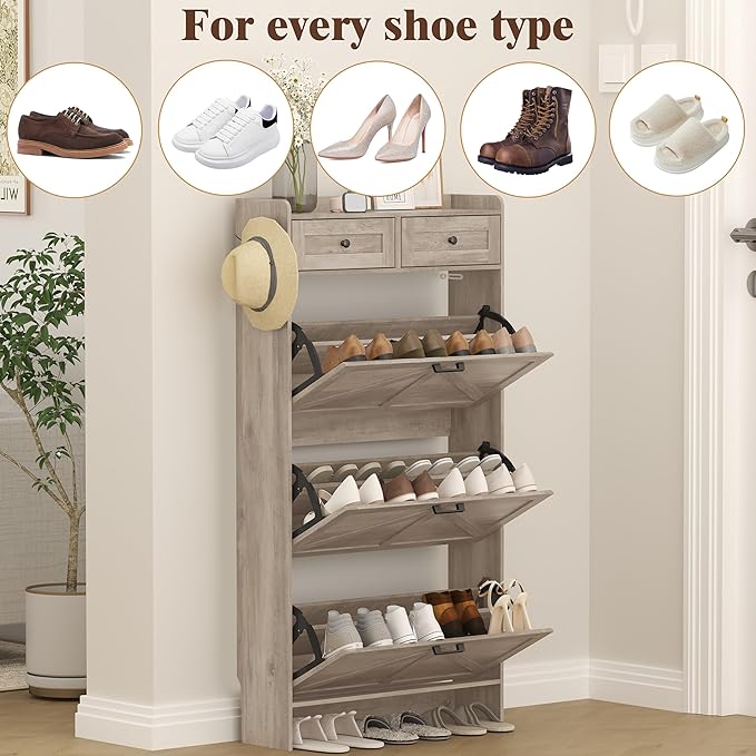 Shoe Cabinet with 3 Flip Drawers & 2 Storage Drawers, Rustic Farmhouse Narrow - Image 8