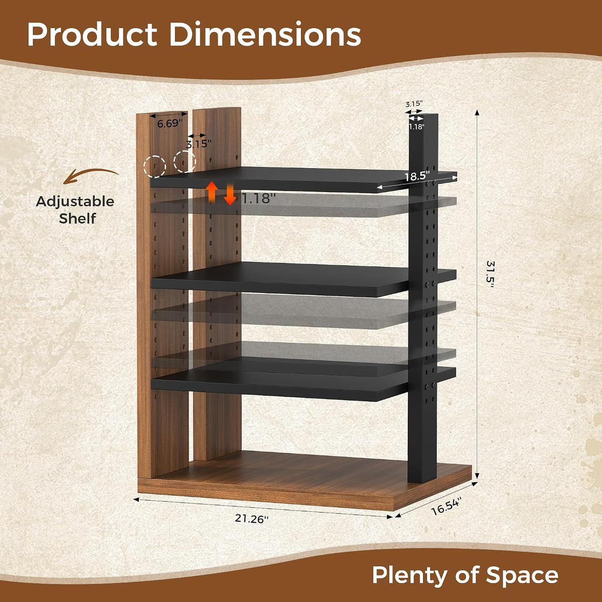 space-saving corner audio rack, 4-tier stereo cabinet media, close-up detail