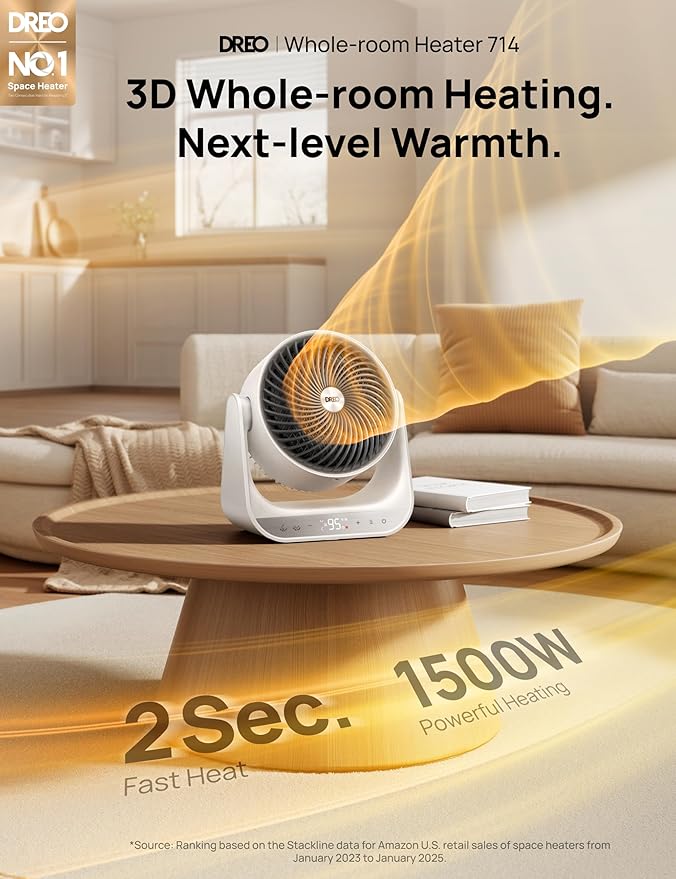 DREO 60° Vertical & 90° Horizontal 3D Oscillating Heating, 12 ft/s Long-Range - Image 2