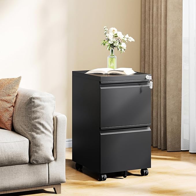 MIIIKO 2 Drawer File Cabinet on Wheels, Home Office Mobile File Drawers Under - Image 7