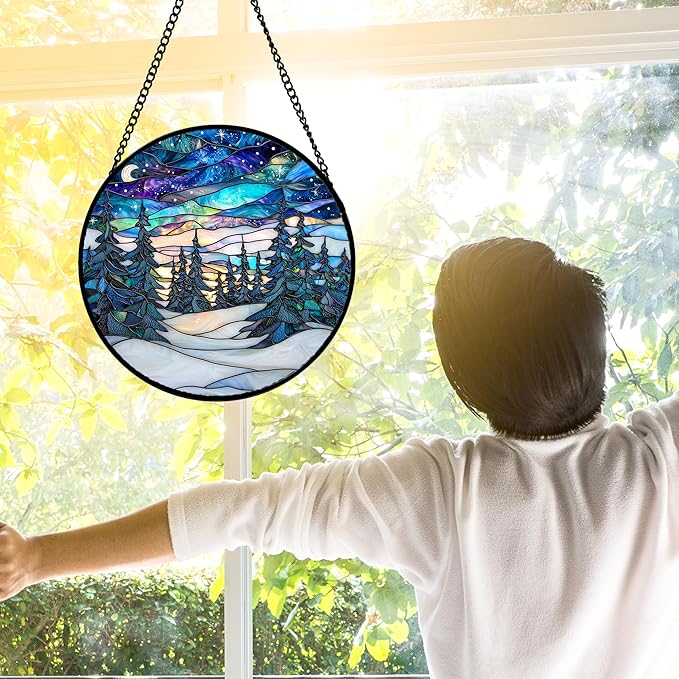 DASTOLL Stained Glass Window Hanging, Starry Sky Trees and Snow Sun Catchers - Image 4