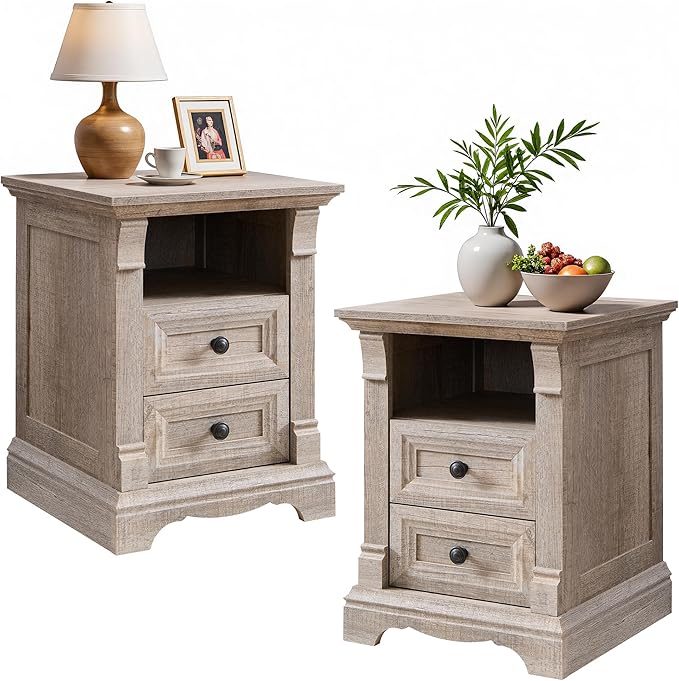 T4TREAM Farmhouse Nightstand Set of 2, Wood End Table w/Roman Column, Bedside by T4TREAMFurniture