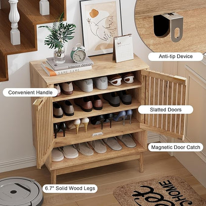 Shoe Cabinet with Slatted Doors, Freestanding Shoe Cabinet Storage - Image 6