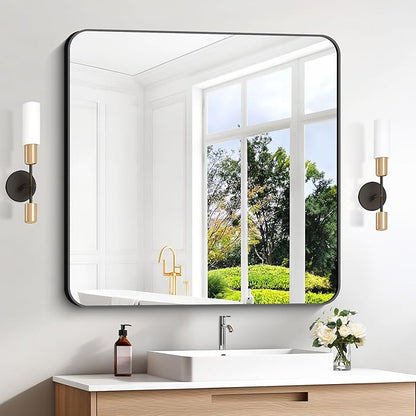 Black Bathroom Mirrors for Wall, Rounded Corner Metal Frame Wall Mirror - Image 5
