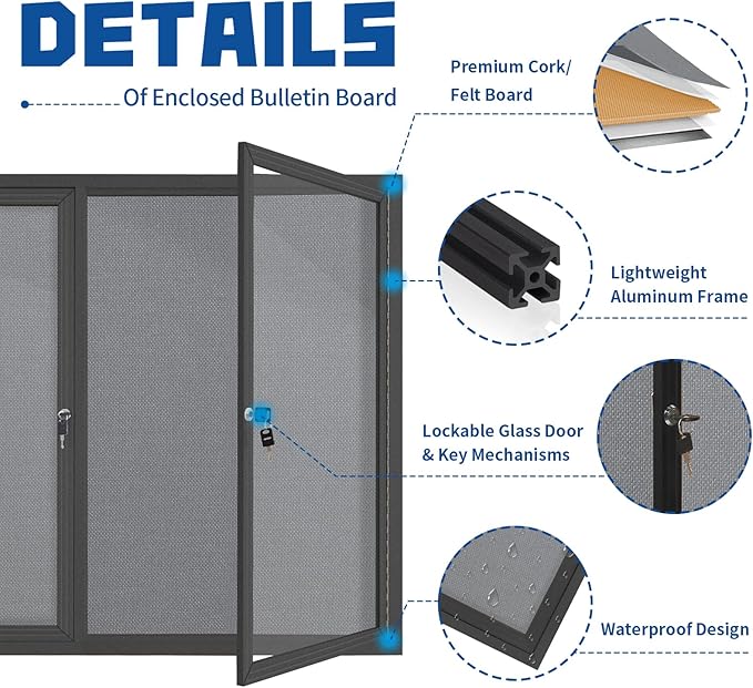 Enclosed Bulletin Board Lockable, Double-Door Weatherproof Outdoor Noticeboard - Image 3