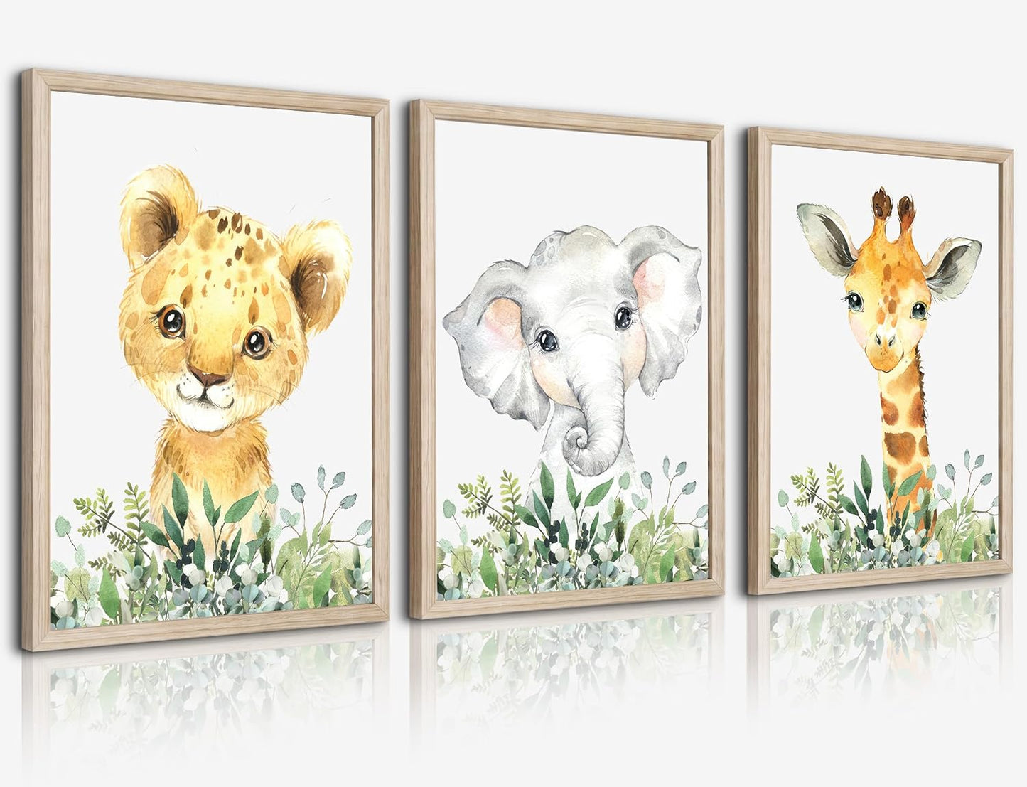 Baby Safari Nursery Wall Decor - Set of 3 Pictures Cute Animal Wall Prints on Canvas Jungle Nursery Safari Decor gifts for Baby Boys and Girls Room, Framed Wall Art (Framed 12 x16in)