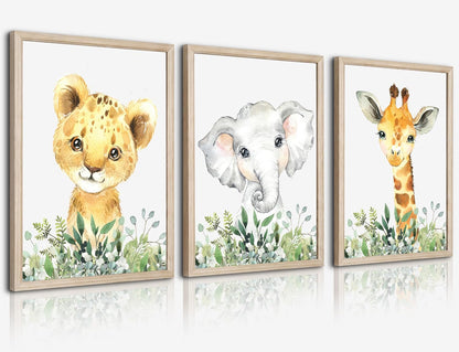 Baby Safari Nursery Wall Decor - Set of 3 Pictures Cute Animal Wall Prints on Canvas Jungle Nursery Safari Decor gifts for Baby Boys and Girls Room, Framed Wall Art (Framed 12 x16in)