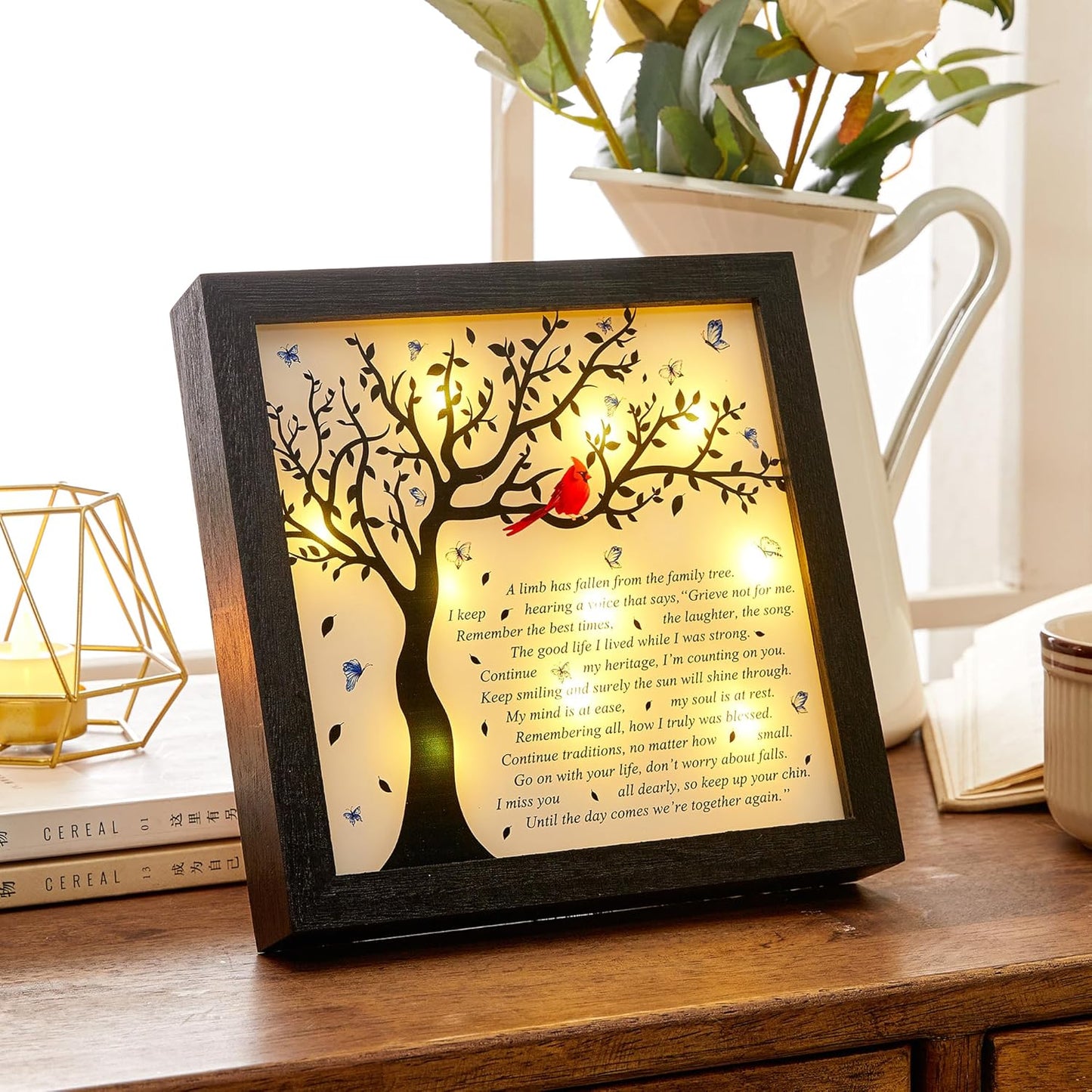 WOODEXPE Sympathy Gift LED Memorial Shadow Box 8"x8" Memorial Gifts for Loss of Loved One - A Limb Has Fallen from The Family Tree