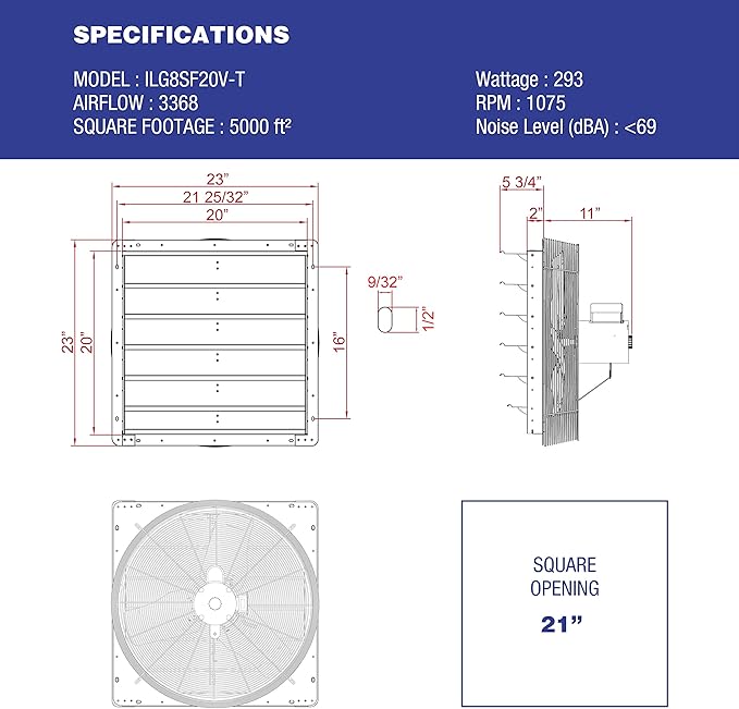 iLiving ILG8SF20V-T 20 inch Shutter Exhaust Attic Garage Grow, Ventilation Fan - Image 6