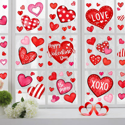 Valentine's Day Window Clings Love Hearts, 76 Pcs Pink Red Heart Large Window Stickers, Happy Valentines Watercolor Double-Sided Glass Decals Decor for Wedding Anniversary Home Party Decorations