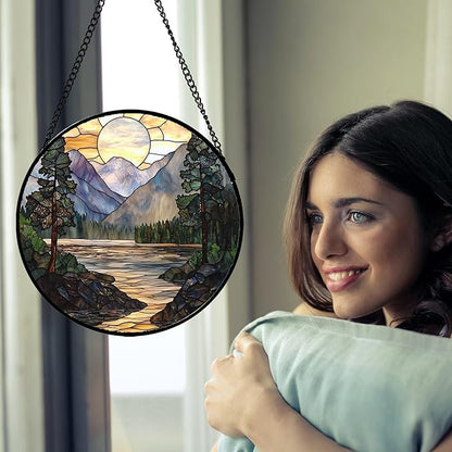 AMDERVEN Stained Glass Window Hanging, Sunset Mountains Lake Tree Sun Catcher - Image 3