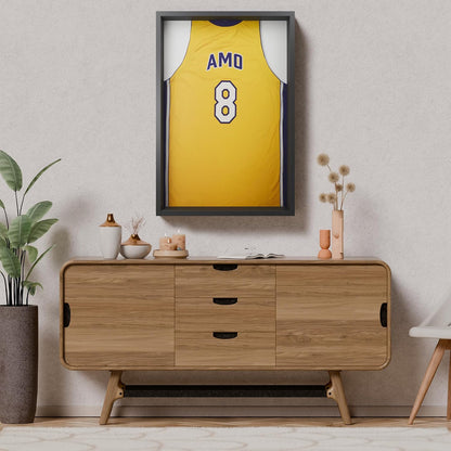 Frame Amo 24x36 Black Shadow Box Frame, Tempered Glass & Solid Wood | 1.5 inch Display Depth, 2.5 inch Thick, White or Black Background, Display Case, High End, Heavy Duty, Hanging Hardware