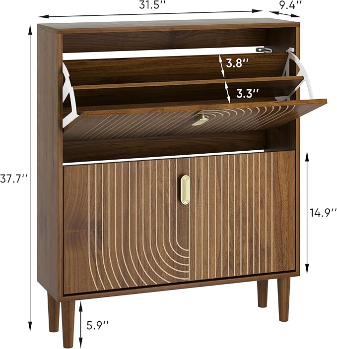 Smuxee Shoe Cabinet with 2 Flip Drawers, 31.5" Walnut Hidden Shoe Storage - Image 2