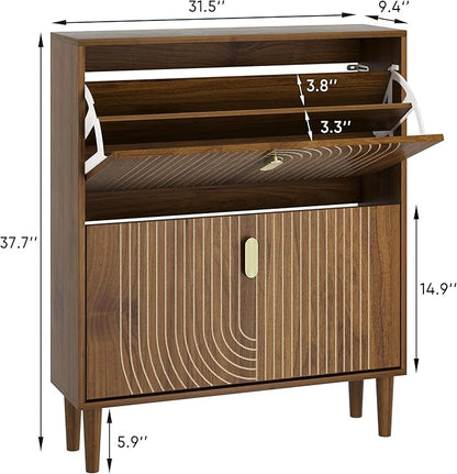 Smuxee Shoe Cabinet with 2 Flip Drawers, 31.5" Walnut Hidden Shoe Storage - Image 2