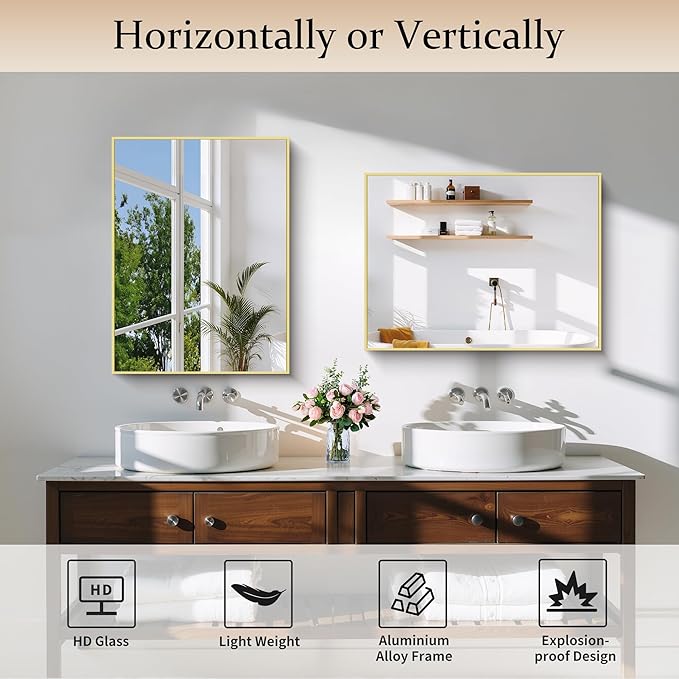 Gold Bathroom Mirror for Wall, 18x24 Inch Rectangle Mirror - Image 4