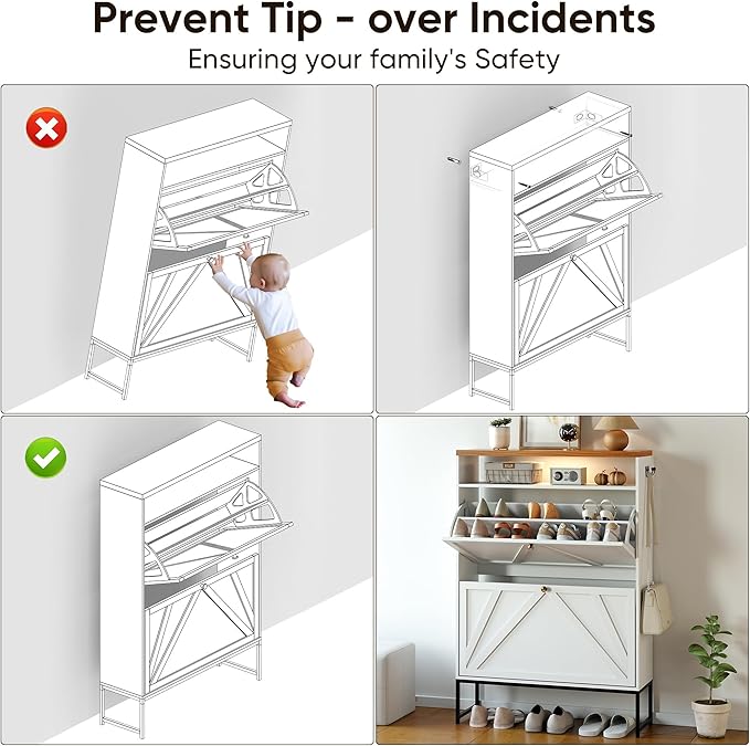 Shoe Storage Cabinet with 2 Flip-Up Doors, Freestanding Hidden Shoe Storage - Image 8