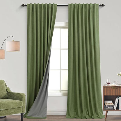 KOUFALL 102 Inch Long Curtains Linen Blackout Green Pleated Boho Curtains by KOUFALL
