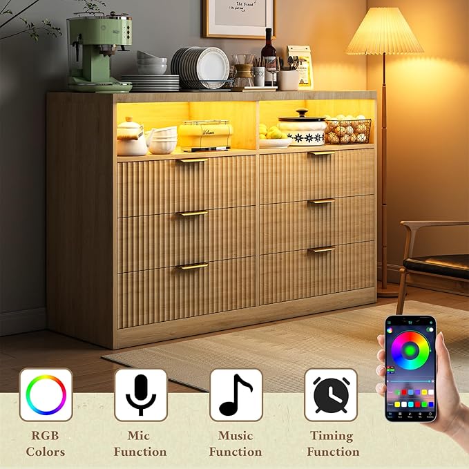 Coffee Bar Cabinet with Charging Station and Lighting, Natural Oak - Image 3