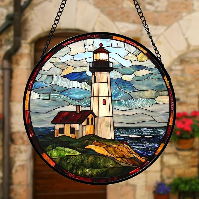 DASTOLL Stained Glass Window Hanging, Ocean Lighthouse Sun Catchers Glass Panel - Image 2