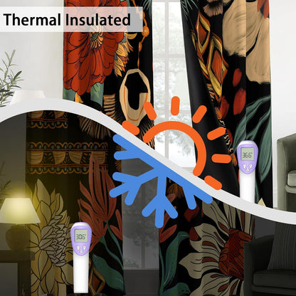 Tyrot Black Floral 100% Blackout Curtains for Bedroom, 52W x 84L,2 Panels | Colorful Botanical, Energy-Saving Thermal Insulation, Light Blocking, Room-Darkening Privacy, Easy Grommet Drapes