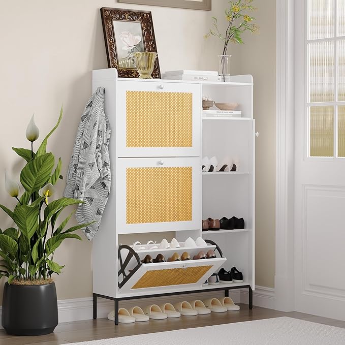 Rattan Wooden Shoe Cabinet, Freestanding 3-Flip Drawer Shoe Storage Organizer by Unknown