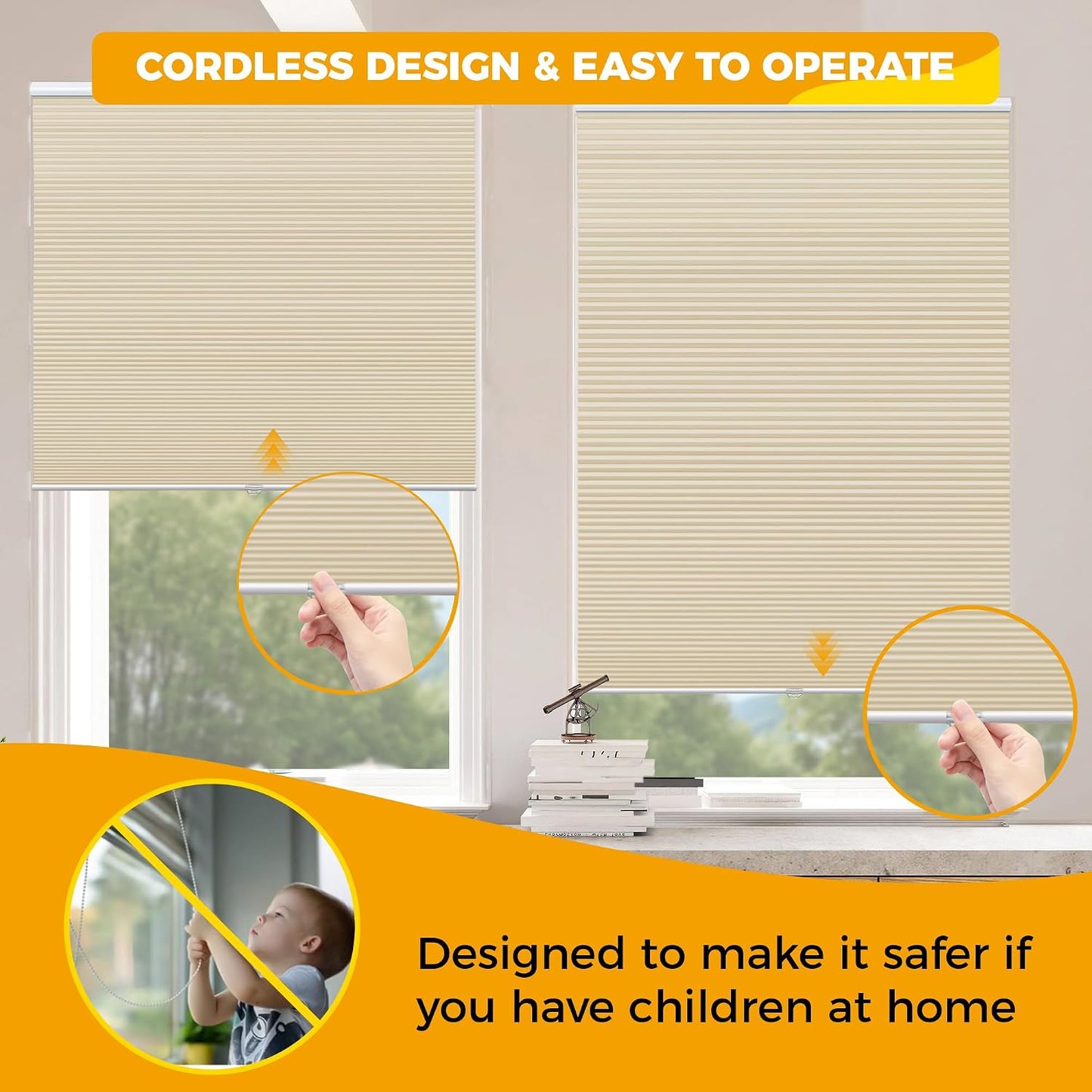 HOMEDEMO Cellular Shades Cordless Beige-Blackout 27" W x 64" H | Honeycomb Shade Blinds, Thermal Insulated Noise Reduction for Windows Inside & Outside Mount