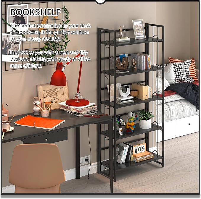 4NM No Assembly 5 Tiers Folding Bookshelf, 59.4" H Foldable Storage Shelves - Image 3
