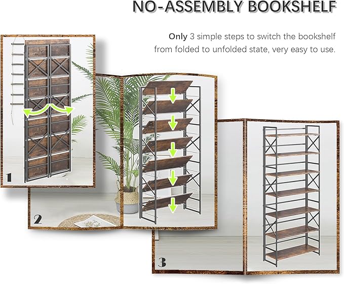 4NM 7 Tiers No Assembly Book Shelves, 72.4" H Folding Bookshelf Bookcase Open - Image 6