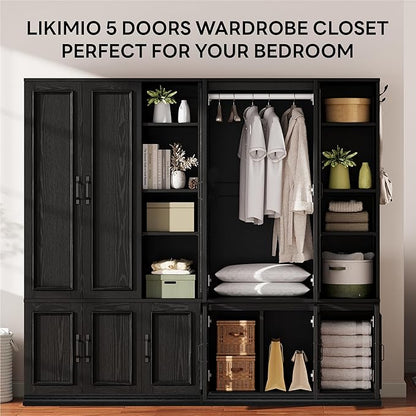LIKIMIO Armoire Wardrobe Closet 70" H, 5 Doors Bedroom Wooden Wardrobe - Image 8