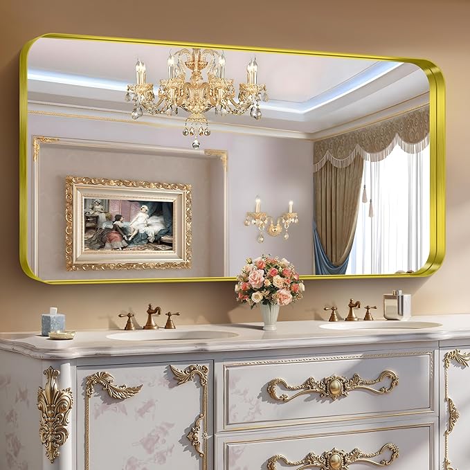 CIRCUMI Gold Bathroom Mirror, Rounded Corner, Tempered Glass, Large Mirror - Image 5