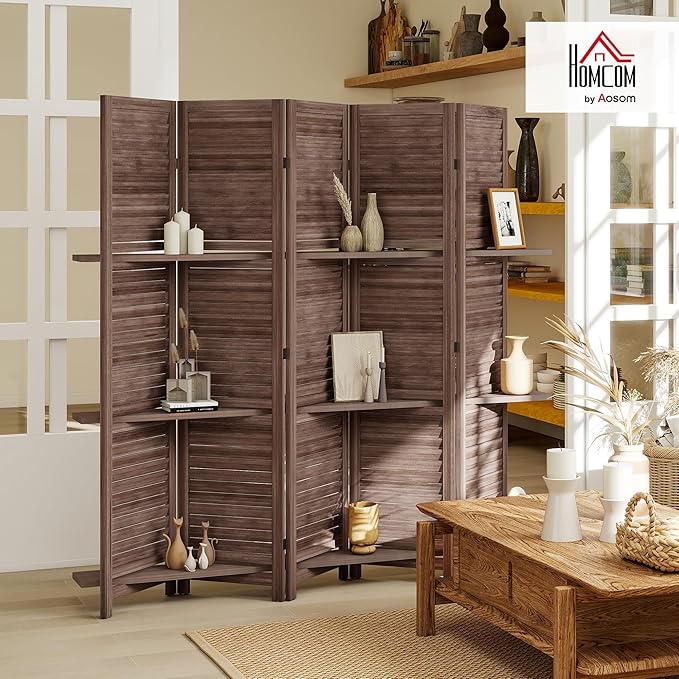 HOMCOM Room Divider, 5 Panel 67" Tall Wood Privacy Screen - Image 2