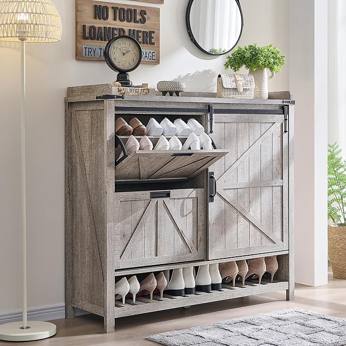 OKD Shoe Storage Cabinet with 2 Flip Drawers & Sliding Door, Farmhouse Entryway - Image 3