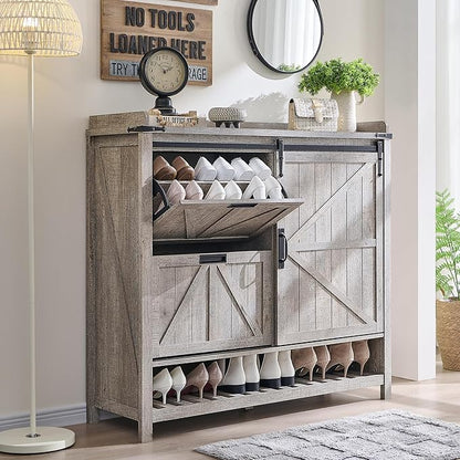 OKD Shoe Storage Cabinet with 2 Flip Drawers & Sliding Door, Farmhouse Entryway - Image 3