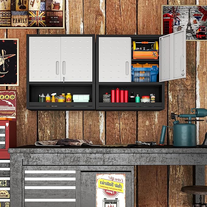 Metal Wall Cabinets with Doors and Shelves Black and Gray Garage Cabinets Wall - Image 5