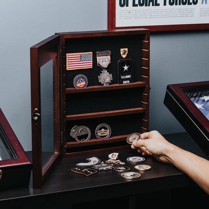 Treevers Large Challenge Coin Display Case - Pride of Service Engraved Edition - 17-Slot Military Shadow Box for Army, Navy & Police - Solid Wood Cabinet with Lockable Crystal-Clear Door & Wall Mount