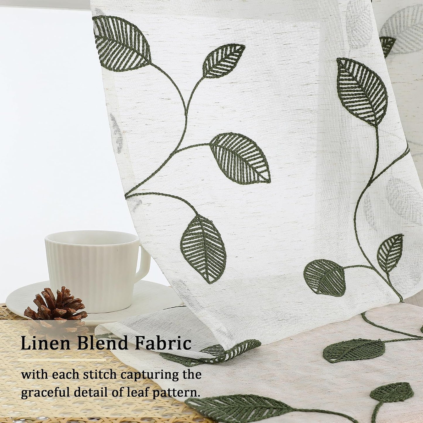 Sage Green Sheer Curtains 63 Inch Length 2 Panels, Leaf Embroidery Linen Textured Light Filtering Sheer Curtains for Dining Room Bedroom, Rod Pocket Farmhouse Window Drapes, 2x40Wx63L Inches