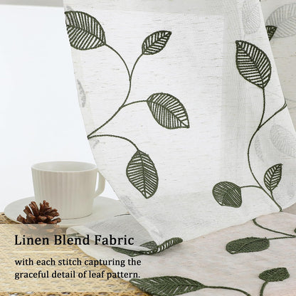 Sage Green Sheer Curtains 63 Inch Length 2 Panels, Leaf Embroidery Linen Textured Light Filtering Sheer Curtains for Dining Room Bedroom, Rod Pocket Farmhouse Window Drapes, 2x40Wx63L Inches