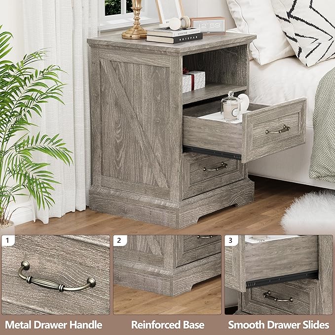 Nightstand with Charging Station, Rustic Farmhouse Wood Small Dresser, Bedside - Image 4