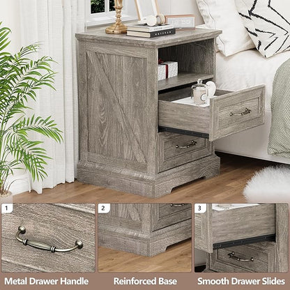 Nightstand with Charging Station, Rustic Farmhouse Wood Small Dresser, Bedside - Image 4