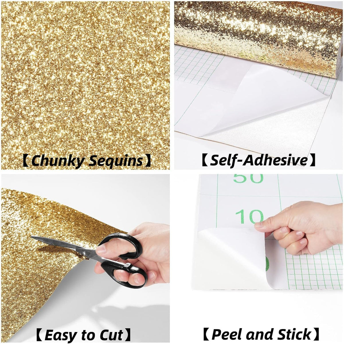 354"x17.7" Glitter Wallpaper Stick and Peel for Bedroom Gold Wallpaper Gold Glitter Wall Paper Removable Wall Covering for Bathroom Sparkle Contact Paper for Cabinets Chunky Sequins Vinyl