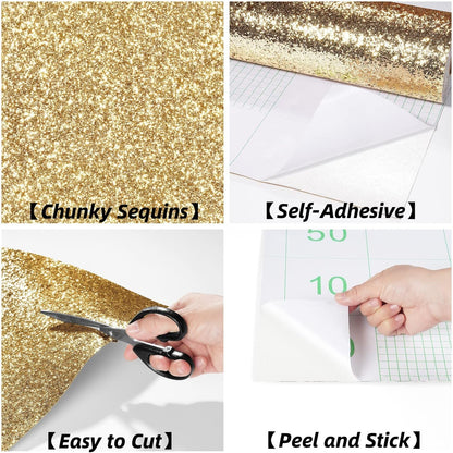 354"x17.7" Glitter Wallpaper Stick and Peel for Bedroom Gold Wallpaper Gold Glitter Wall Paper Removable Wall Covering for Bathroom Sparkle Contact Paper for Cabinets Chunky Sequins Vinyl